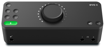 Black audio interface with control knobs and ports on a white background