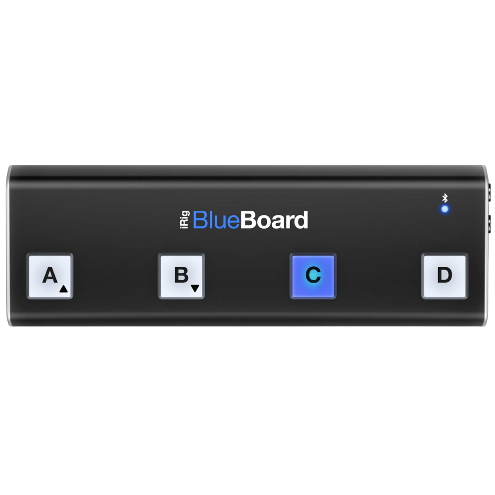 Black electronic device labeled 'BlueBoard' with labeled buttons on a white background