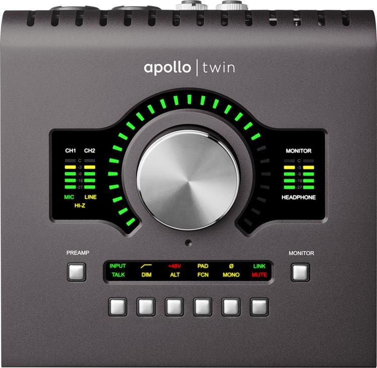 Audio interface with 'apollo twin' branding on a gray background