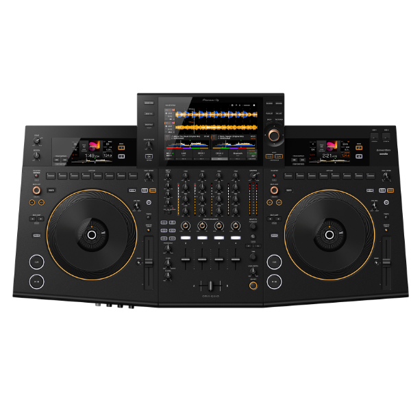 Black DJ controller with two large jog wheels on a white background
