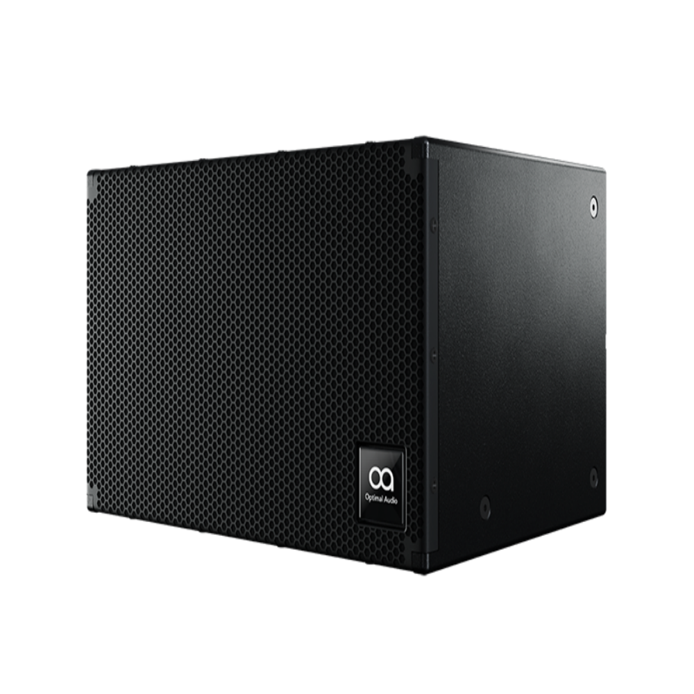 Black audio subwoofer with a brand logo on a white background