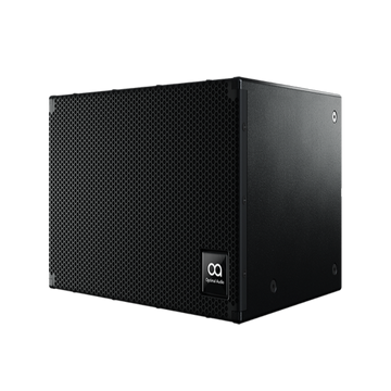Black audio subwoofer with a brand logo on a white background