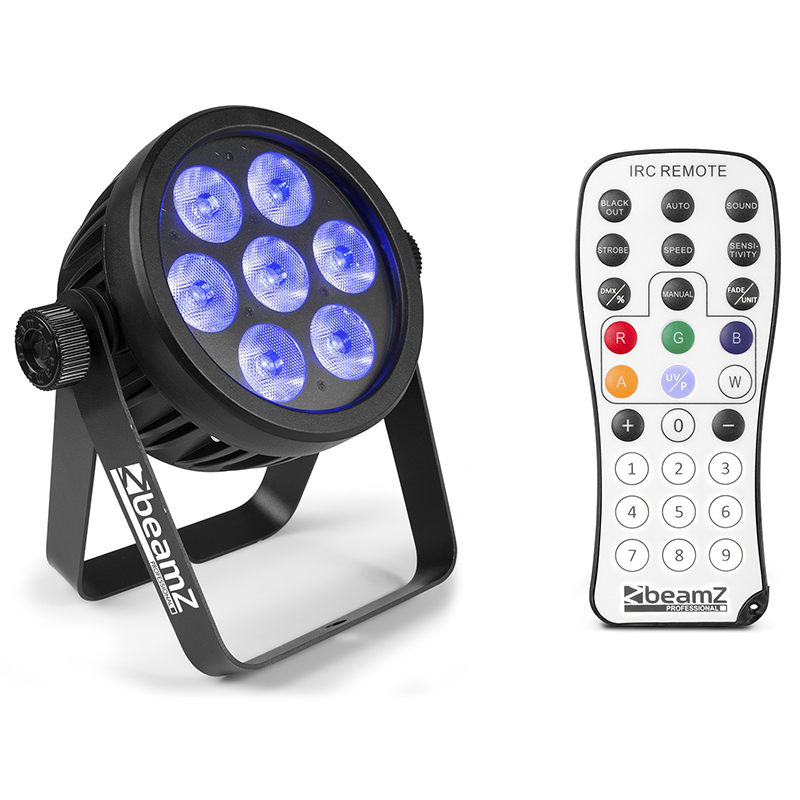 BEAMZ PRO – BAC500 ALUMINUM LED PAR 7x 14W 7in1 RGBA-UV-CW/WW LEDS IR DMX