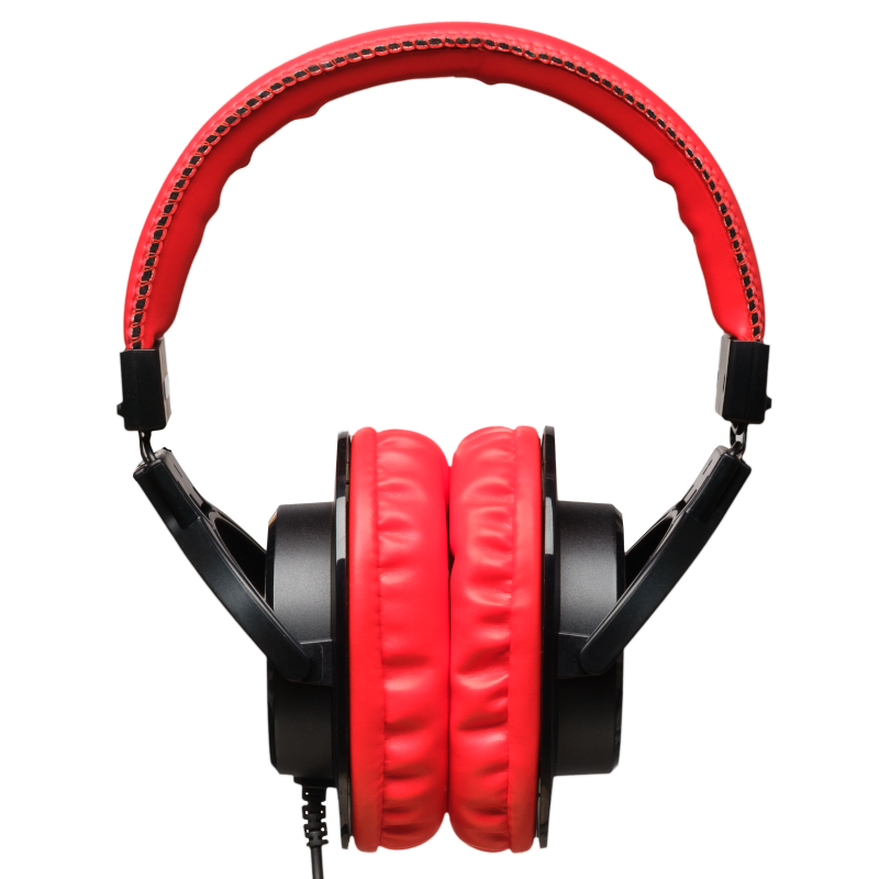 Red and black headphones on a white background