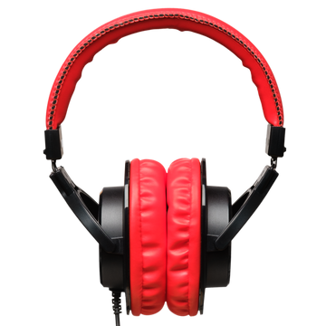 Red and black headphones on a white background