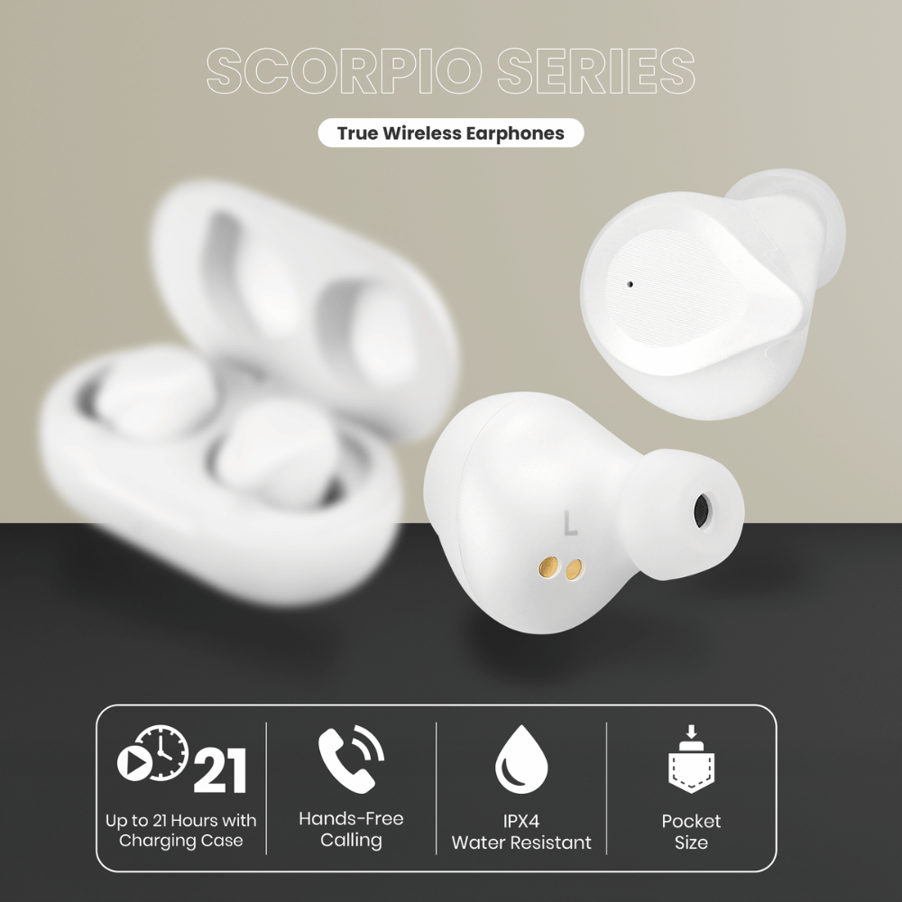 Volkano Scorpio Series True Wireless (TWS) Bluetooth Earphones with Mic - White