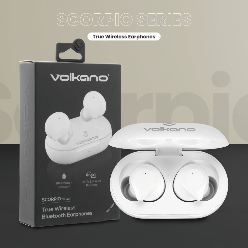 Volkano Scorpio Series True Wireless (TWS) Bluetooth Earphones with Mic - White