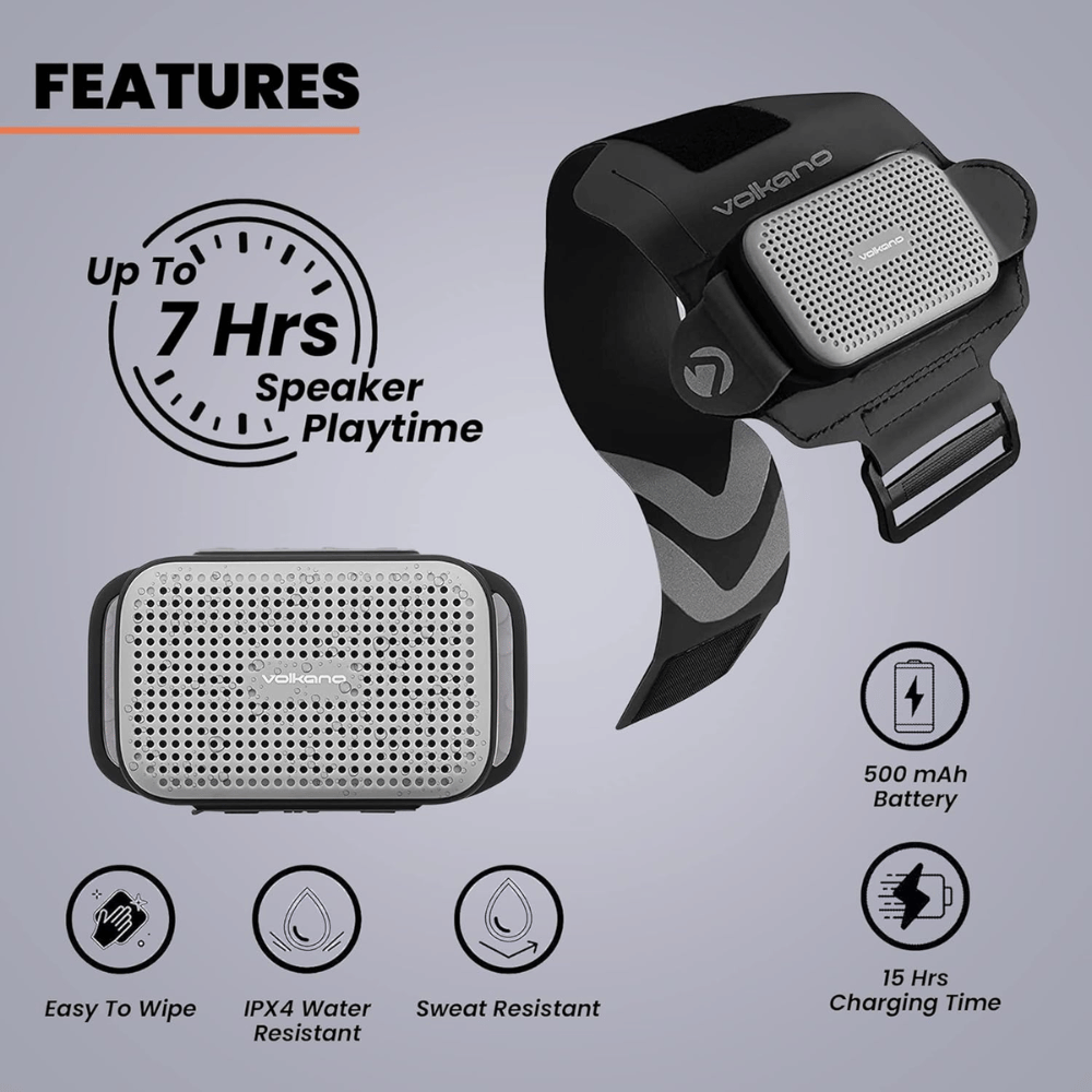 Volkano Pumped Series Wearable Bluetooth Speaker, Black/Grey
