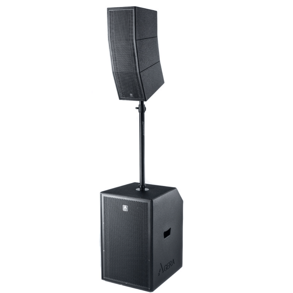 Black speaker system with stand on a white background
