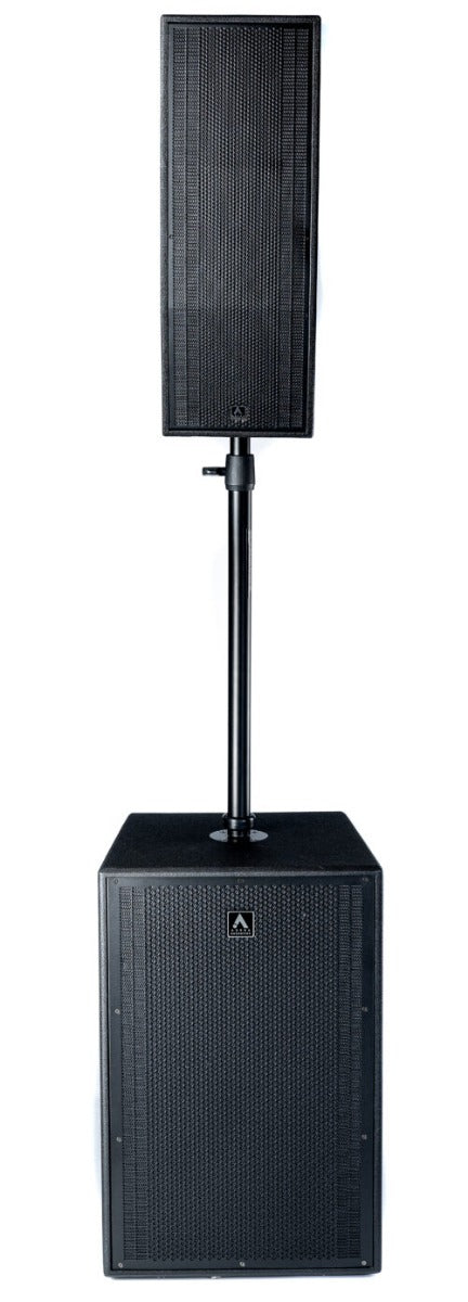 Black speaker on a stand with a white background