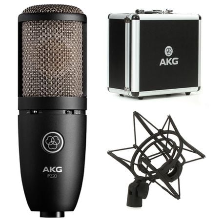 AKG microphone with stand and carrying case on a white background
