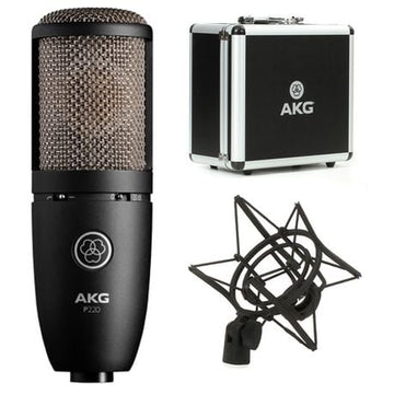 AKG microphone with stand and carrying case on a white background