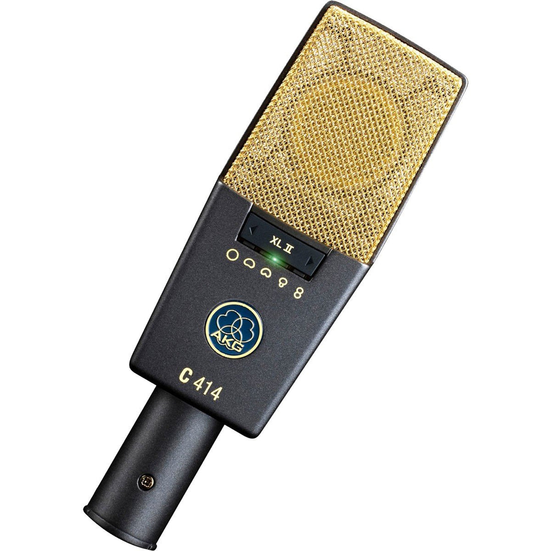 AKG C414 microphone with gold mesh on a white background
