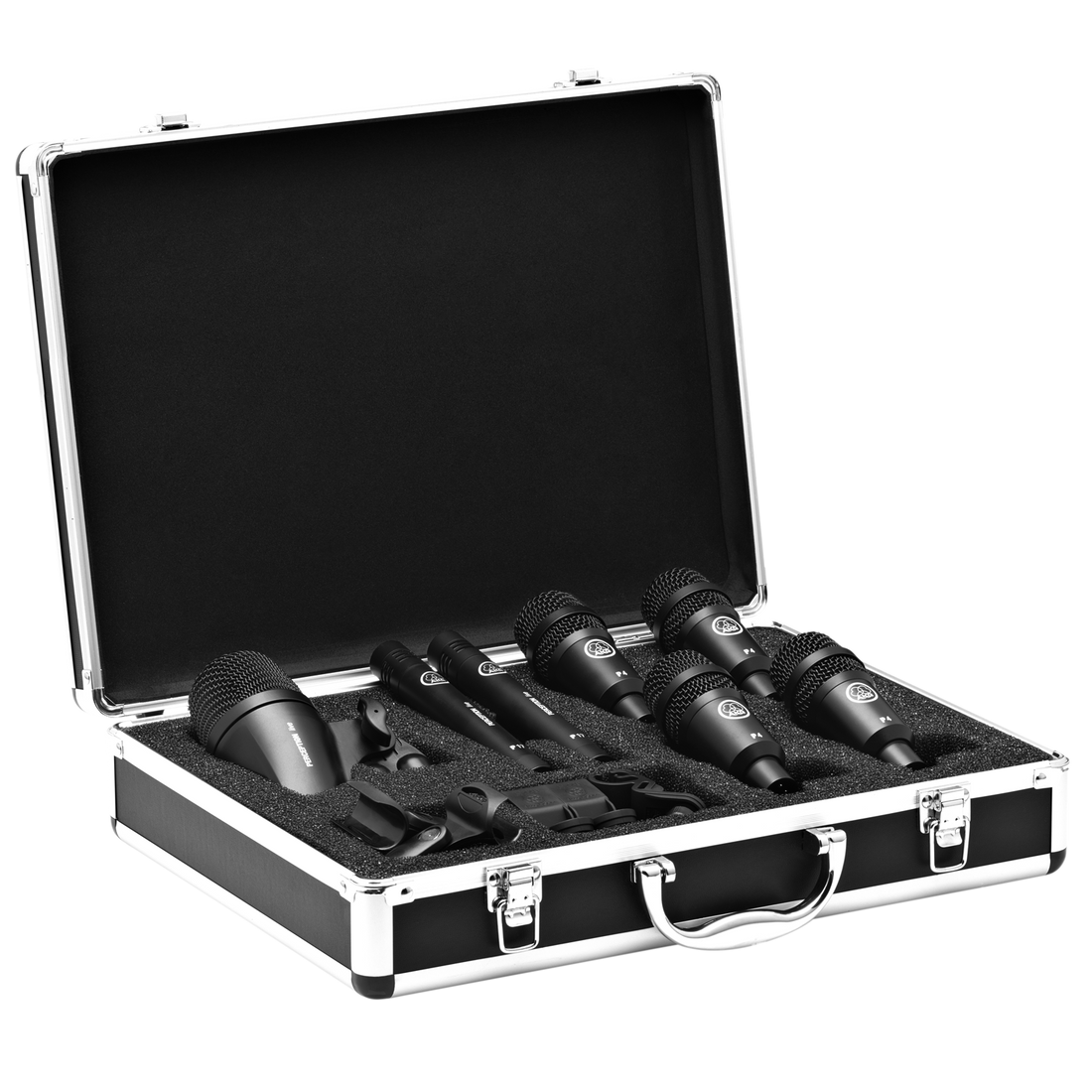 Set of microphones in a black case on a white background