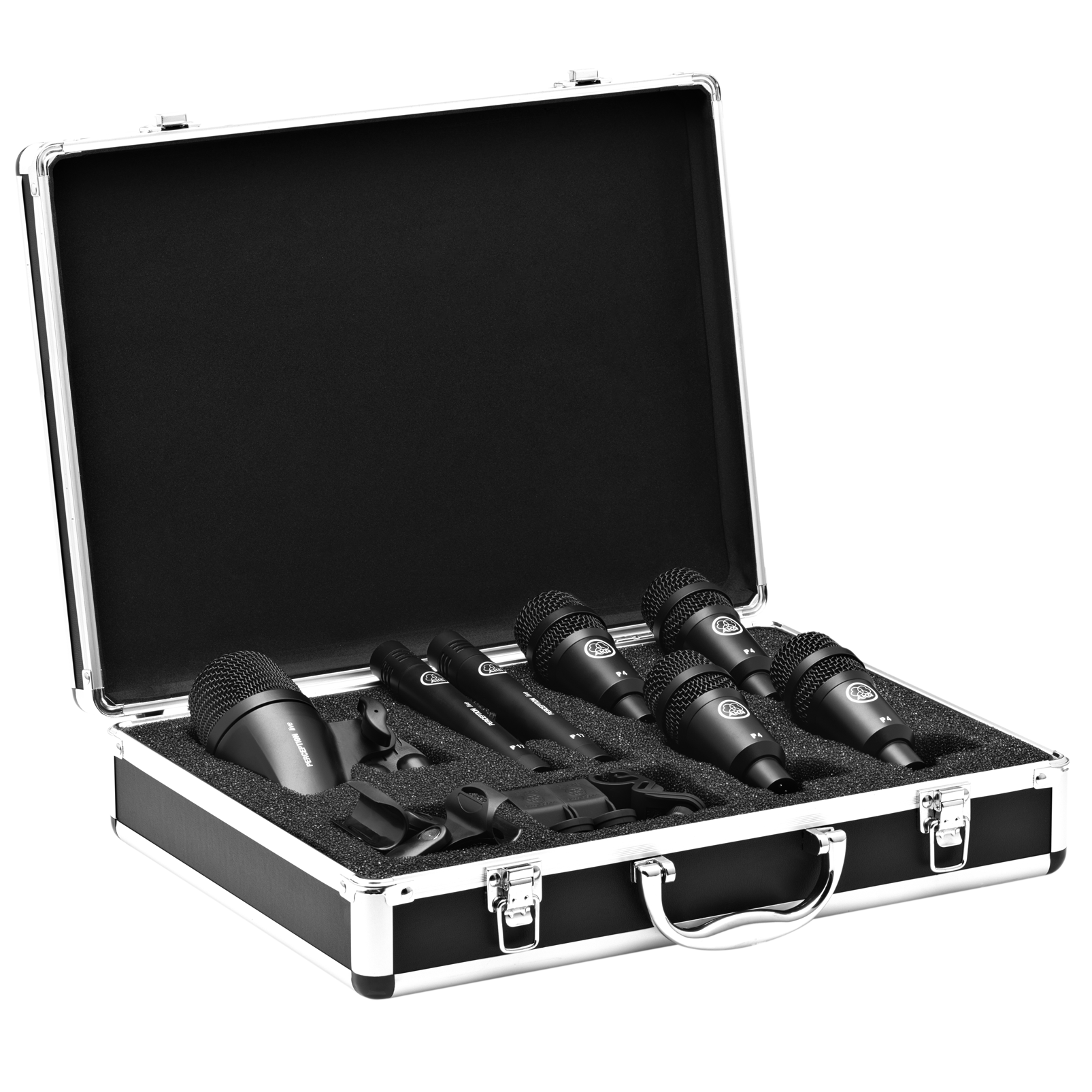 Set of microphones in a black case on a white background