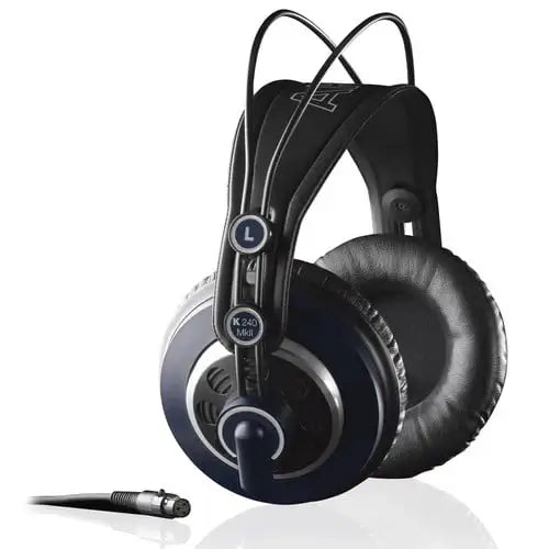 Black headphones with a cable on a white background