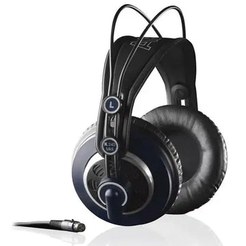 Black headphones with a cable on a white background