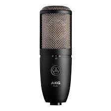 Black AKG microphone on a white background