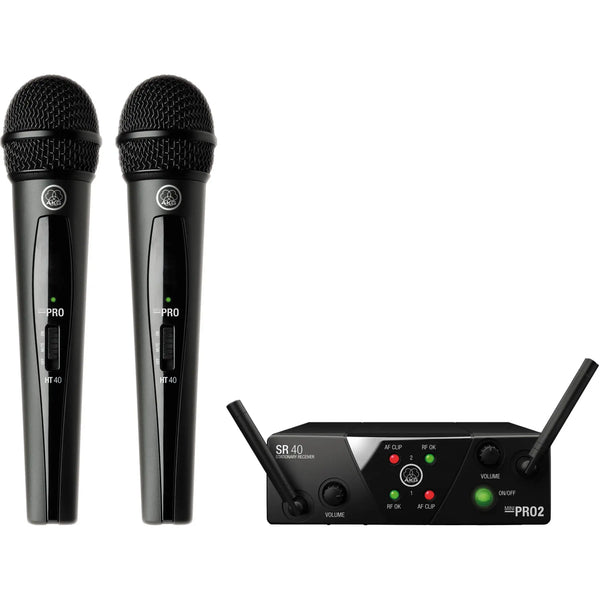 Two wireless microphones with a receiver on a white background