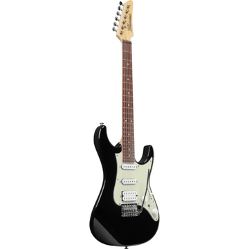 Black electric guitar with a white pickguard on a white background