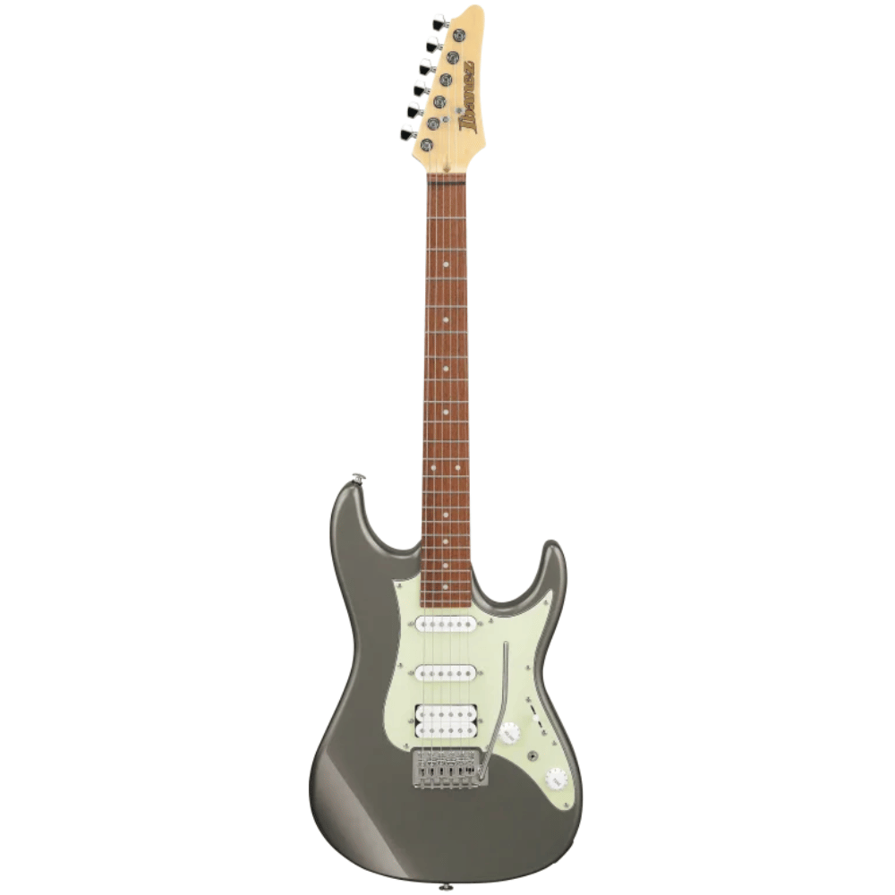 Electric guitar with a silver body and brown neck on a white background