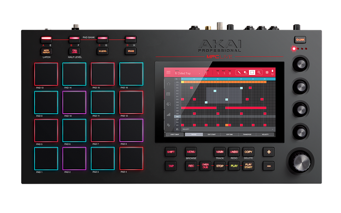 Akai professional music production controller with display on a white background