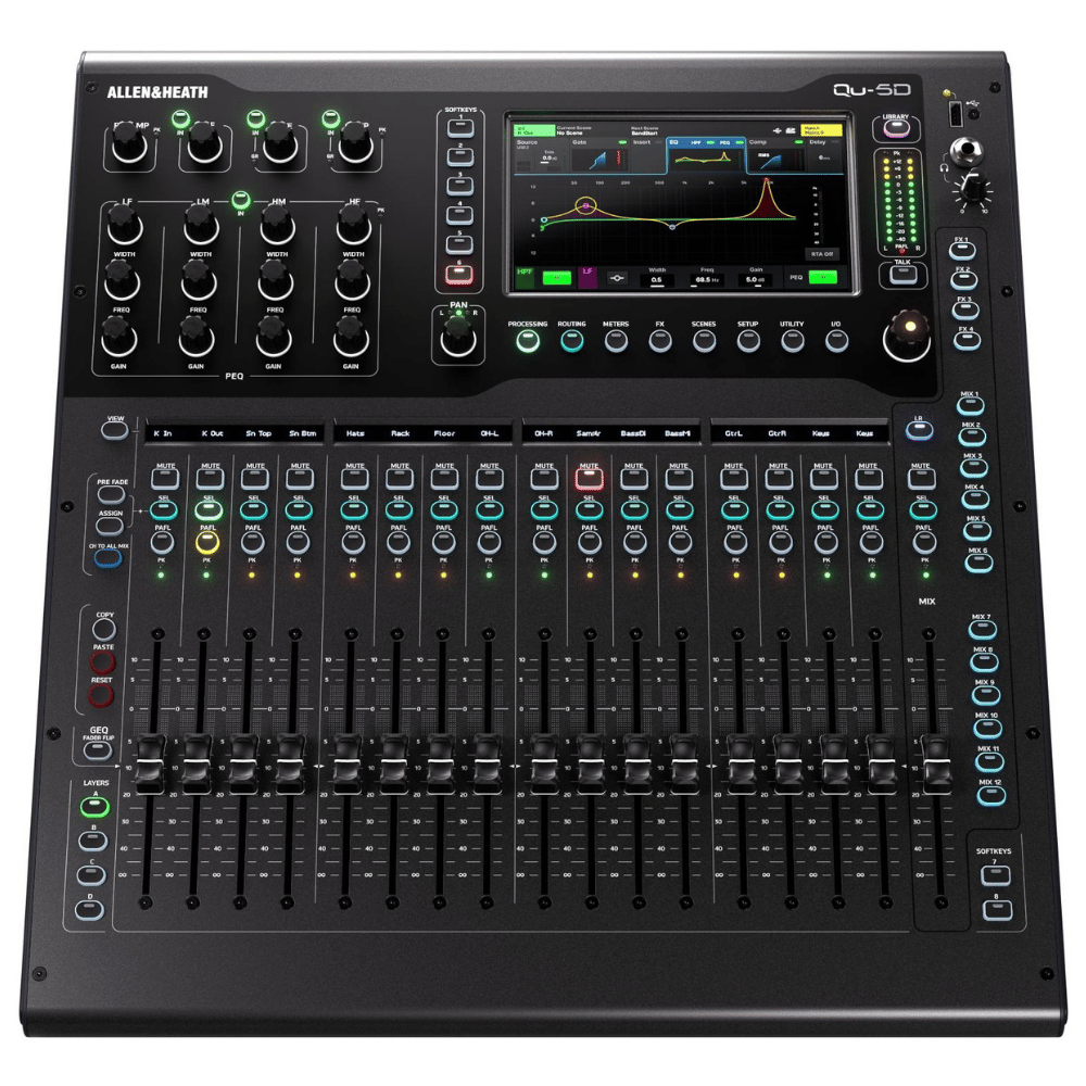 Allied Telesis Qx-50 audio mixing console with digital display on a white background