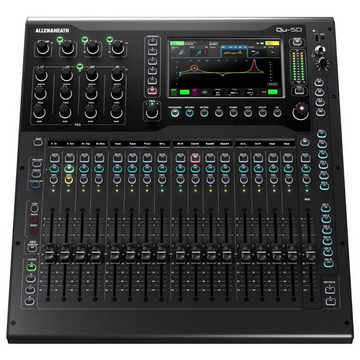 Allied Telesis Qx-50 audio mixing console with digital display on a white background