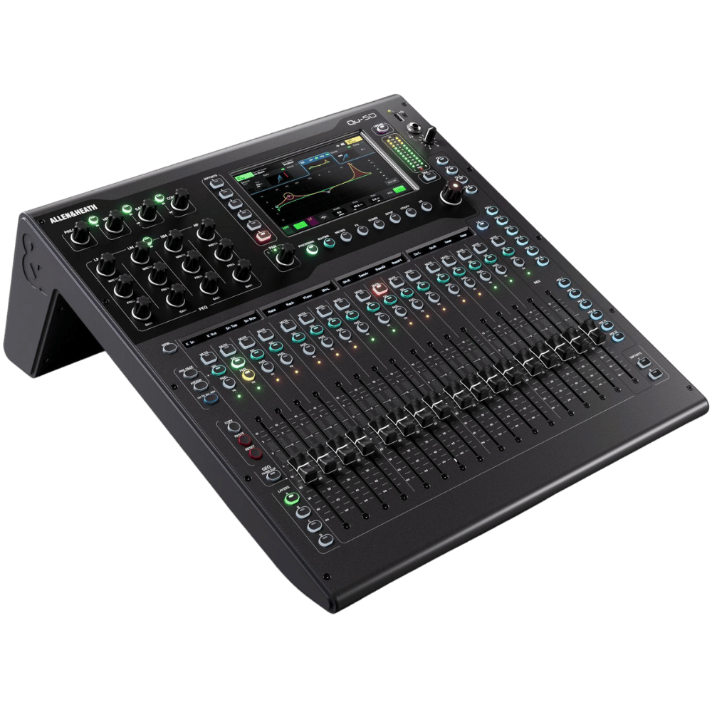 Sound mixing console with various controls and display on a white background