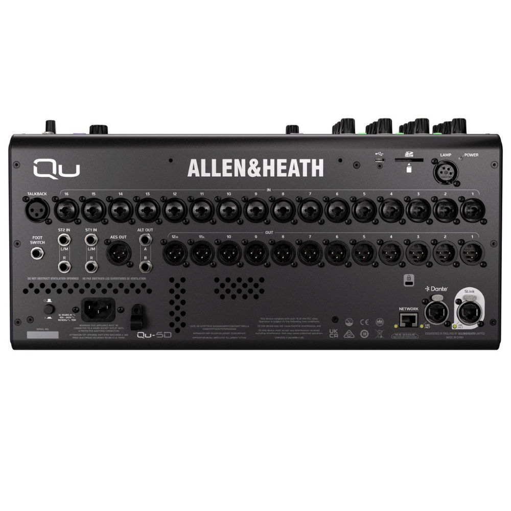 Back view of an Allen & Heath audio mixer on a white background