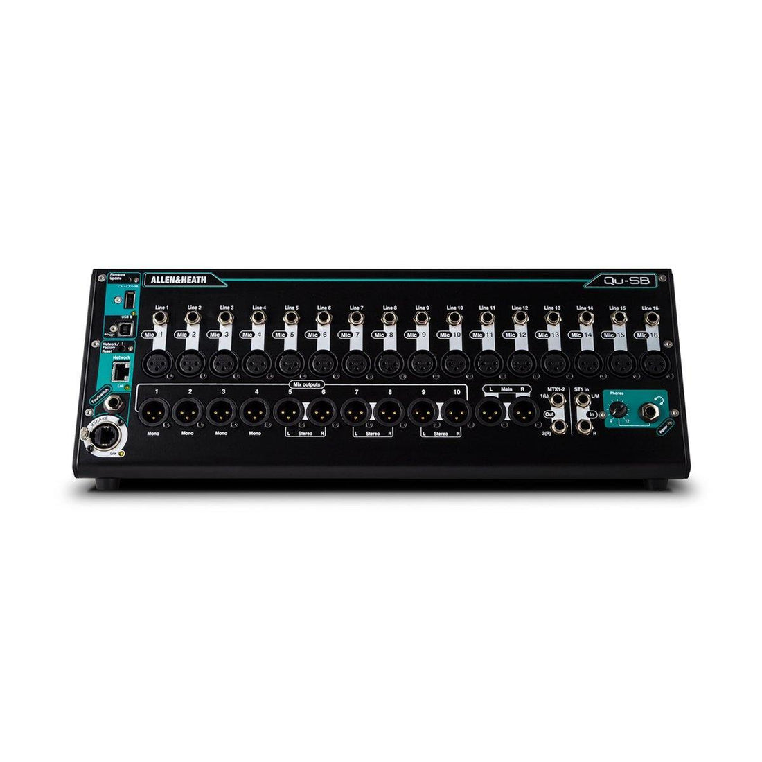 Black audio interface with Allen & Heath branding on a white background