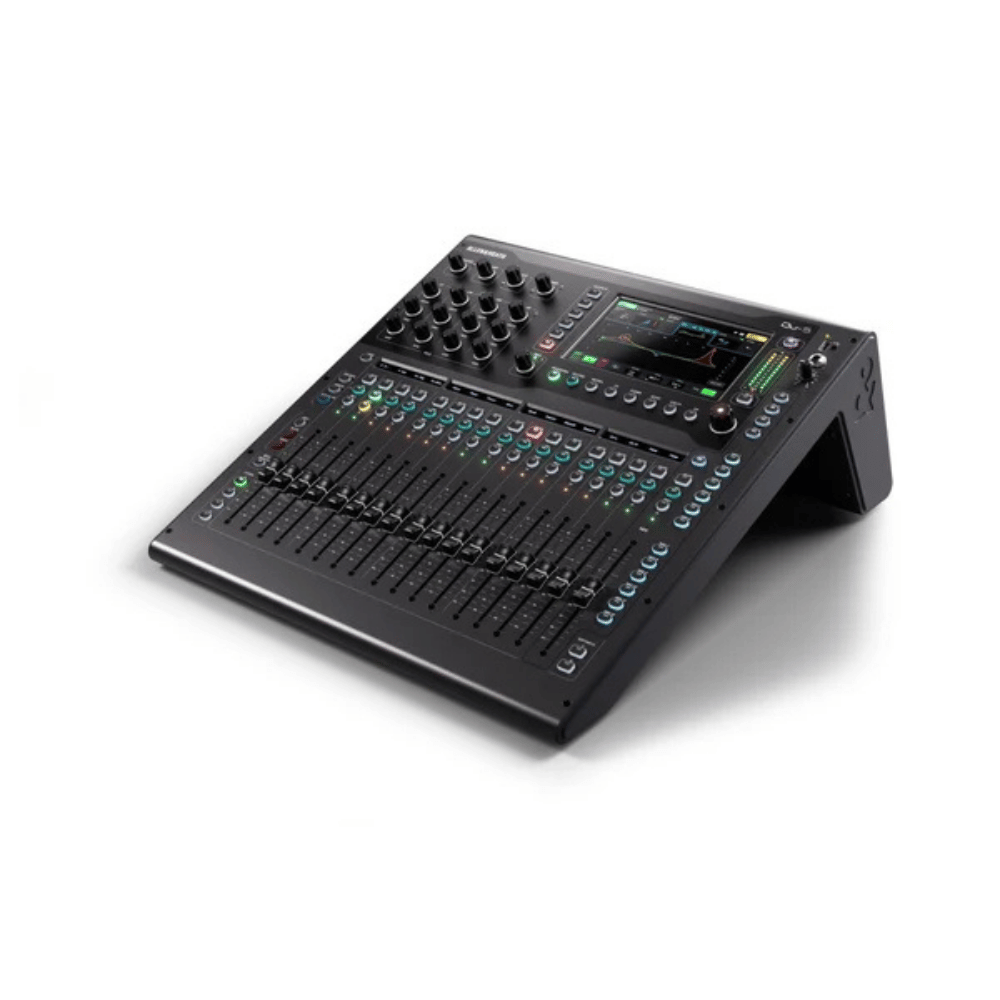 Black audio mixing console on a white background