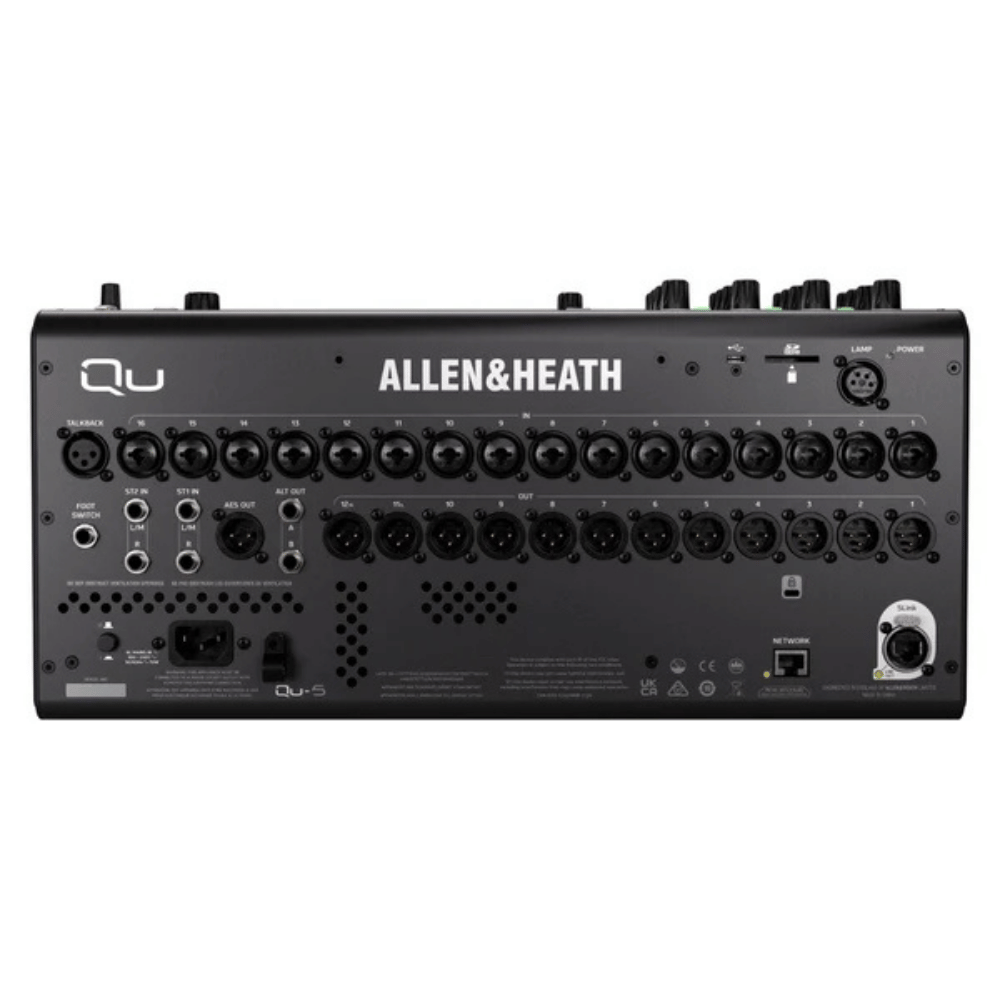 Back view of an Allen & Heath audio mixer on a white background