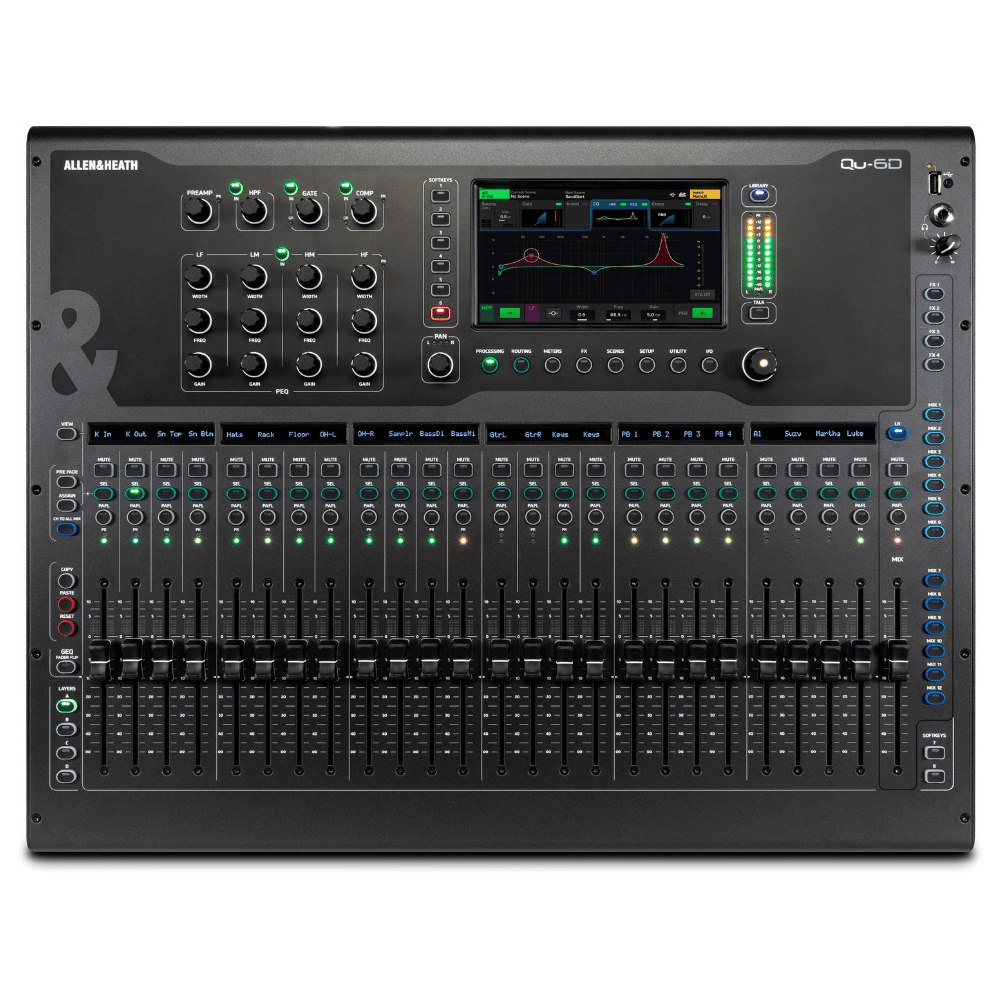 Large audio mixing console with Allen&Heath branding on a white background