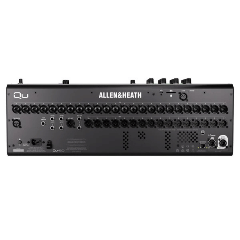 Back view of an Allen & Heath audio mixer on a white background