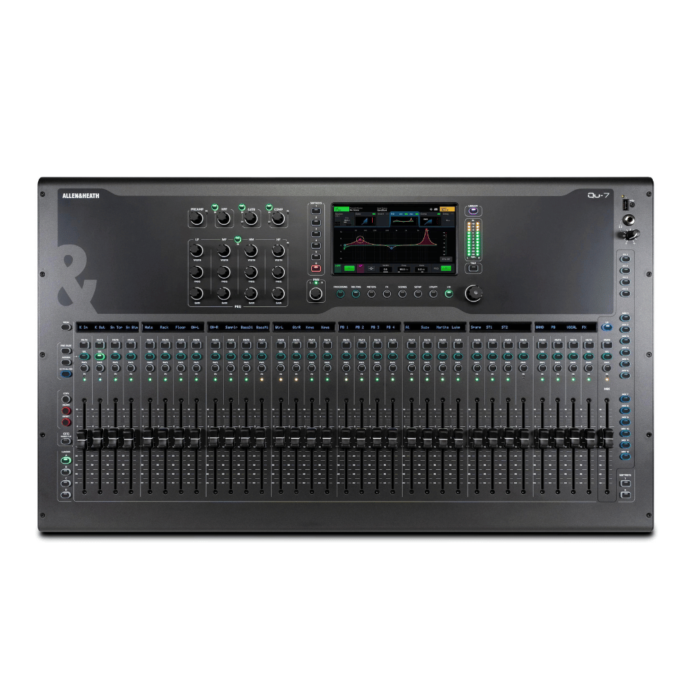 Large audio mixing console with control panels and display on a white background