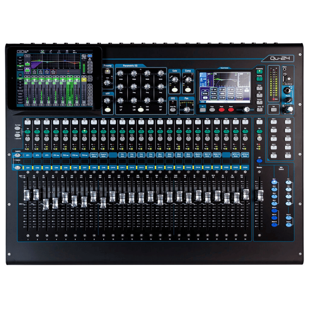 Large audio mixing console with various controls and displays on a white background