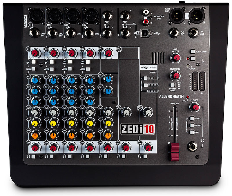 Allen & Heath ZEDI 10 mixing console with various controls and connectors on a black background