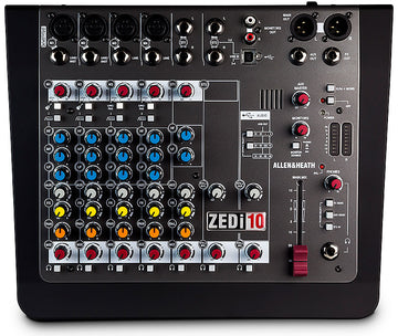Allen & Heath ZEDI 10 mixing console with various controls and connectors on a black background