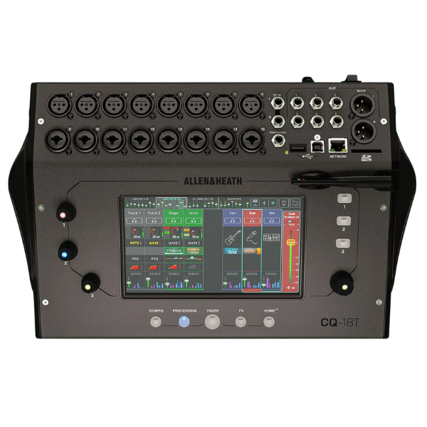 Allen & Heath audio mixer with control panel and display on a white background