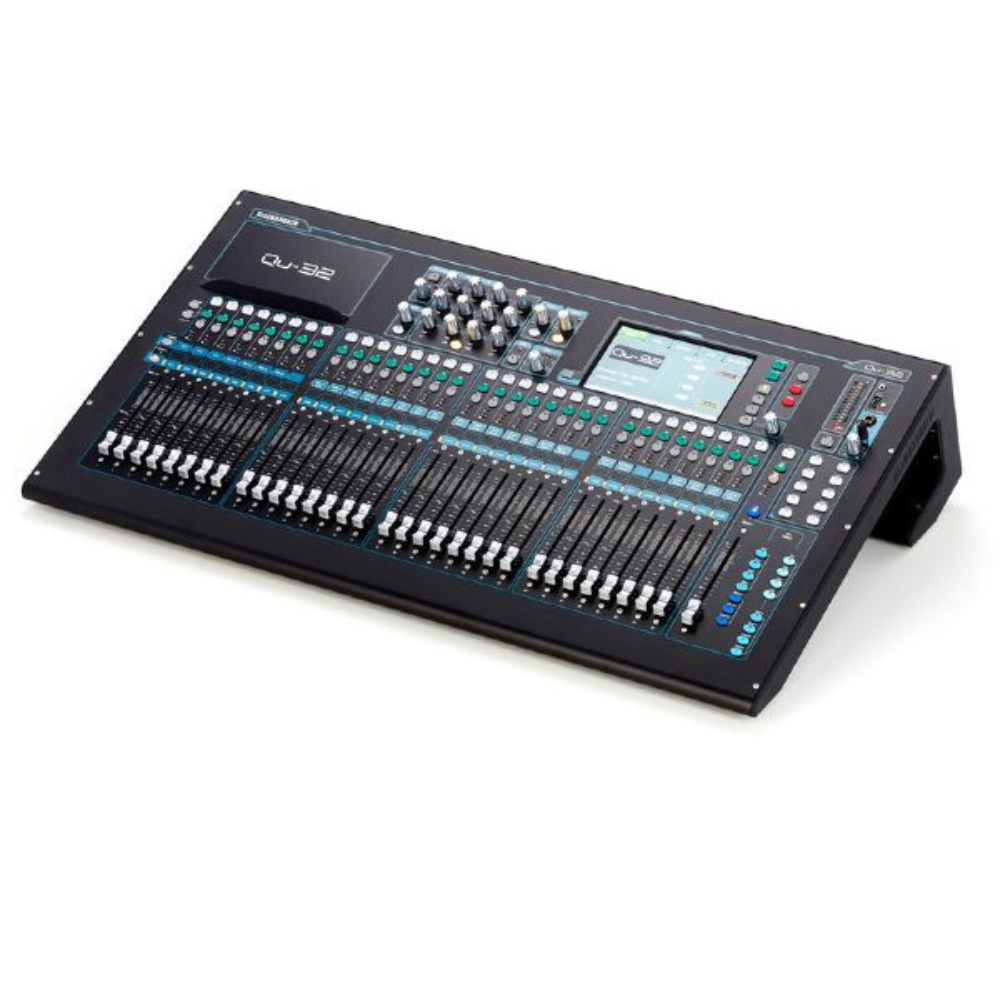 Large audio mixing console on a white background