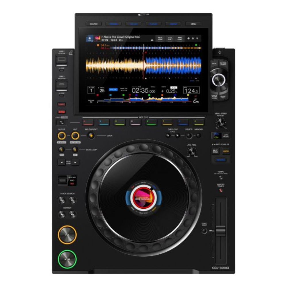 DJ player with screen and control buttons on a white background