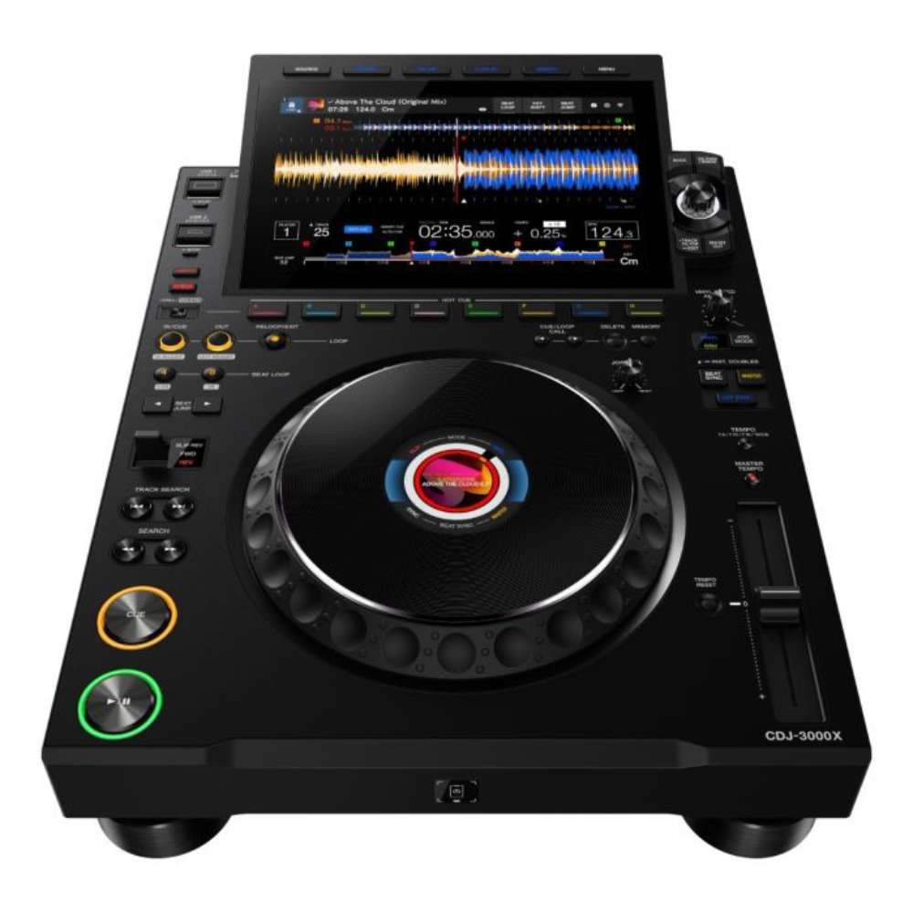 Black DJ player with digital display and control buttons on a white background