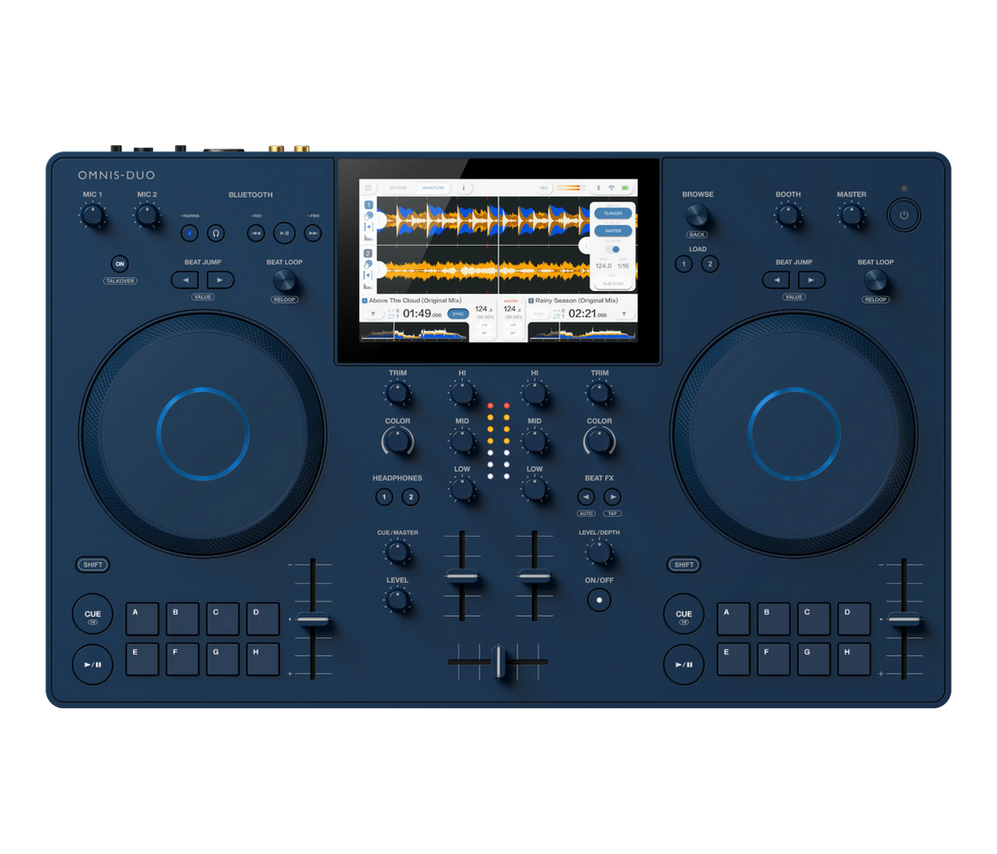 Blue digital all-in-one DJ system with control panels and display on a white background