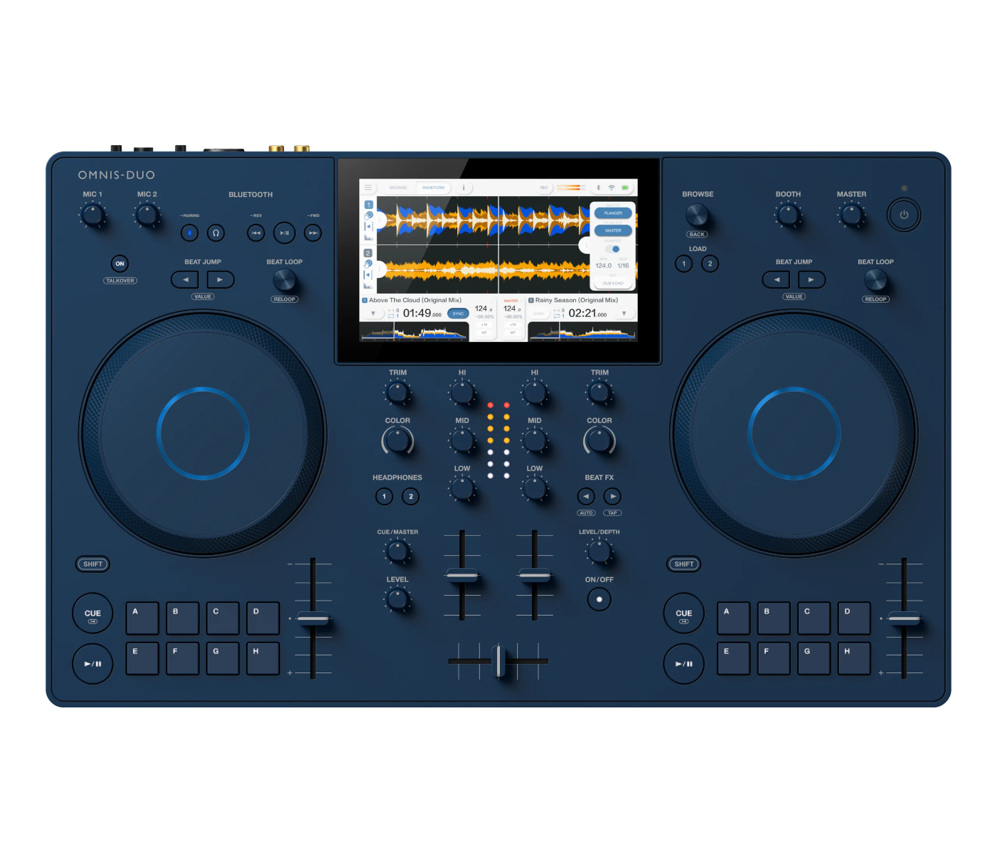 Blue digital all-in-one DJ system with control panels and display on a white background
