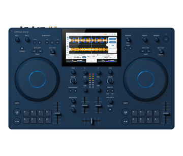 Blue digital all-in-one DJ system with control panels and display on a white background