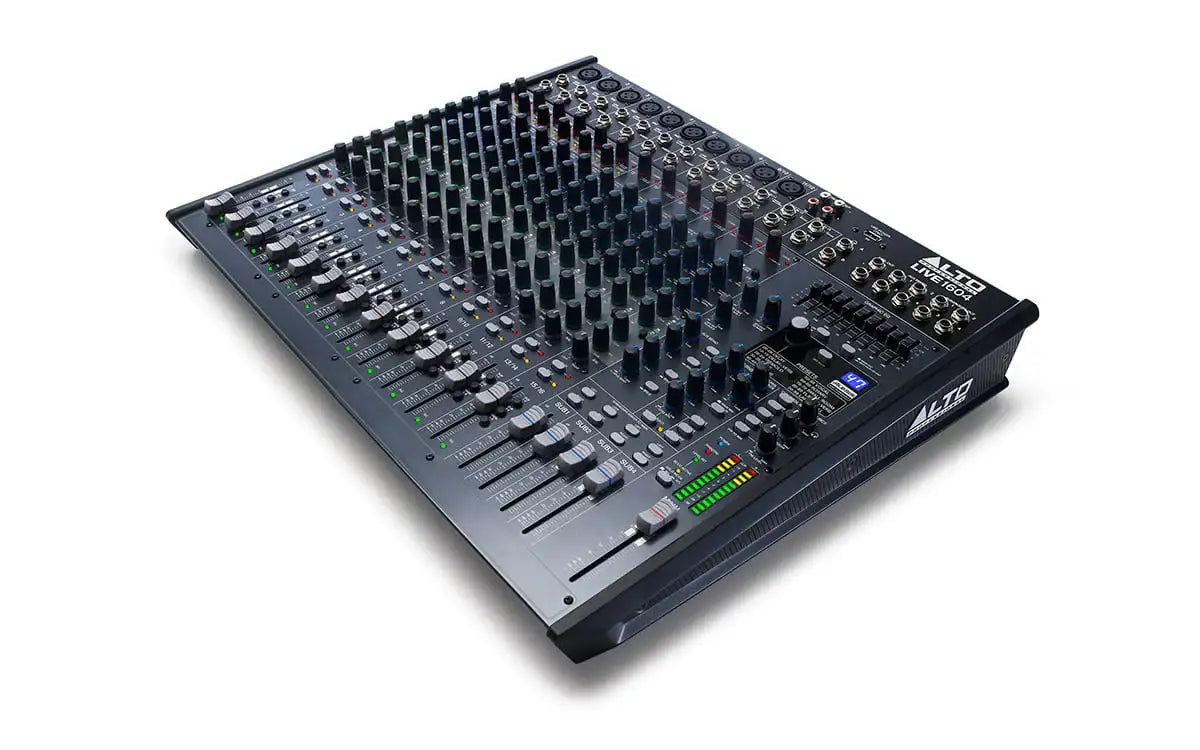 Sound mixing console with various controls on a white background