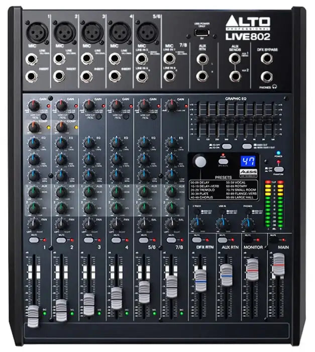 Alto Live 802 audio mixer with various inputs and controls on a white background