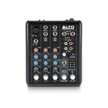 Black audio mixer with multiple inputs and controls on a white background