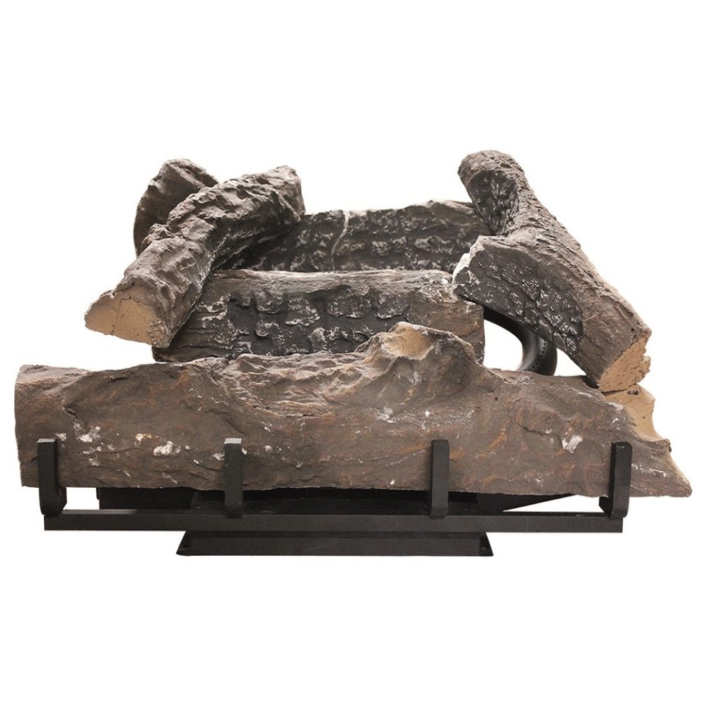 Wooden logs on a metal stand against a white background